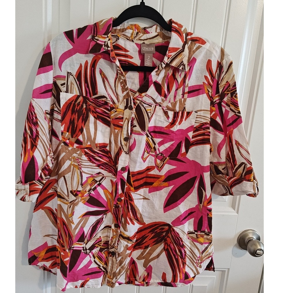 Womens Size 2 Large Chico's Tropical Floral Linen Blend Button Down Roll Tab